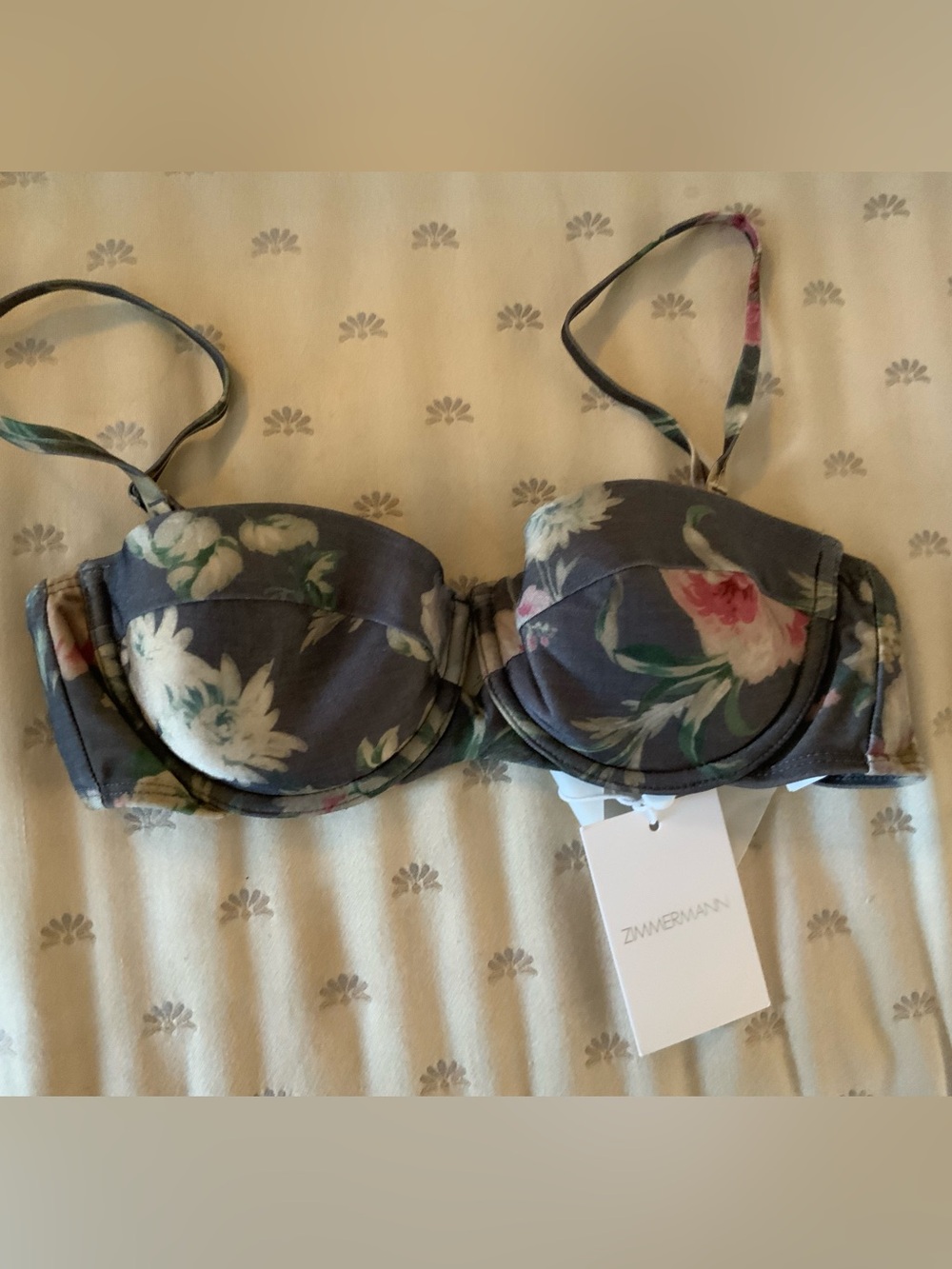 Zimmermann Charcoal Floral Underwire Bikini Top with Pink & Cream Blooms